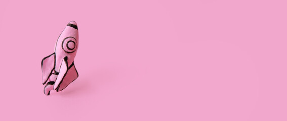 Banner with rocket. Sales skyrocket. Creative idea concept. Statistical data. Marketing strategy. Business promotion. Success of business strategy.