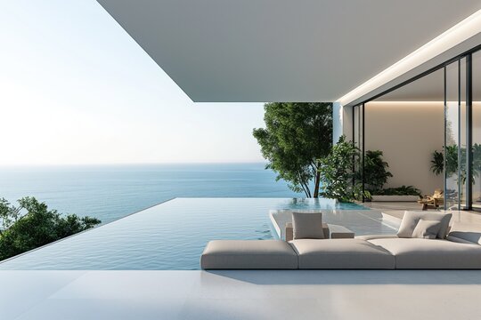 Luxury villa pool and outdoor lounge with sea view. Piscine d'une villa luxueuse et son salon ext&eacute;rieur avec vue mer.