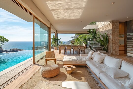 Superb, luxurious living room with lounge and dining table overlooking a magnificent pool and sea view. Superbe pi&egrave;ce de vie luxueuse avec salon donnant sur une magnifique piscine et vue mer.