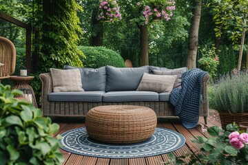 A cozy outdoor studio couch and wicker loveseat are nestled under a tree on a deck, surrounded by potted flowers and a round coffee table, creating a tranquil garden escape
