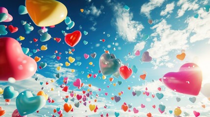  a bunch of heart shaped balloons floating in the air with a blue sky and clouds in the background with a few clouds in the sky and a few heart shaped balloons in the foreground.