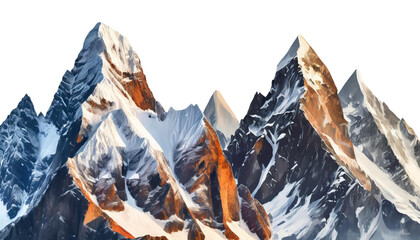 Majestic mountain peaks with snow-capped summits isolated transparent background - obrazy, fototapety, plakaty
