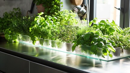 Fototapeta premium a row of green plants sitting on top of a metal counter next to a potted plant on top of a window sill next to a potted plant.