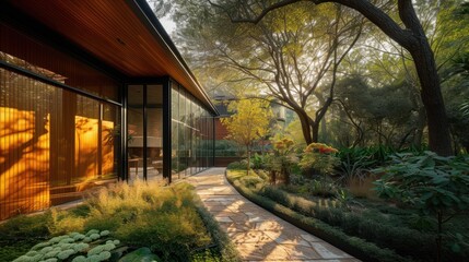 Obraz premium a walkway in front of a house with lots of trees and plants on both sides of the house and a walkway leading to the front of the house and side of the house.
