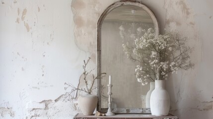  a mirror sitting on top of a table next to a vase with flowers in it and a candle on top of a table next to a vase with flowers in front of it.