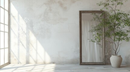  a potted plant next to a mirror on a wooden floor in a room with a white wall and a window with a white curtain on the side of the wall.