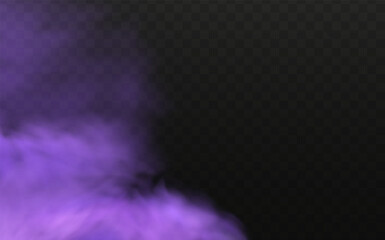 Scary mystical  violet fog in night Halloween. Purple poisonous gas, dust and smoke effect.Realistic neon magic mist steam on a transparent dark background.