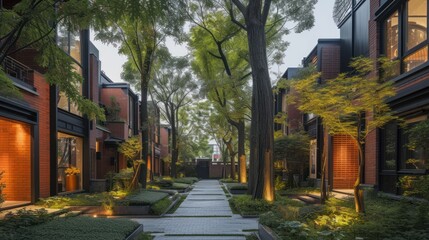  a street lined with trees and plants next to a building with a walkway leading to the front of the building and a walkway leading to the back of the building.