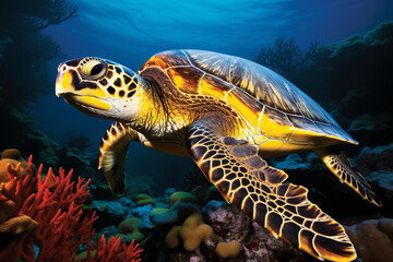 Sea turtle with underwater background