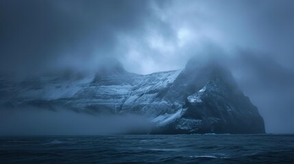  a large iceberg in the middle of a body of water with a sky filled with clouds above it and a boat in the water at the bottom of the picture.