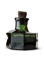 Old-fashioned green glass bottle for ink, poison, with a cork. Antique poison or ink bottle on white background.