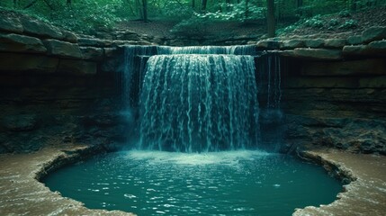 Naklejka premium a waterfall in the middle of a body of water with a pool of water in the middle of the pool and a waterfall in the middle of the middle of the pool.