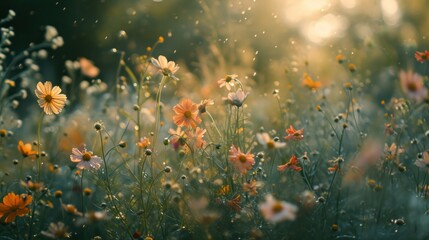  a field filled with lots of flowers on top of a lush green grass covered forest filled with lots of yellow and orange flowers on top of grass covered in sunlight.