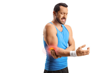 Young man in sportswear suffering from red inflamed elbow