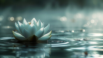 White waterlily or lotus flower in pond. Zen background