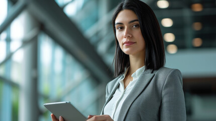 young woman is holding a tablet