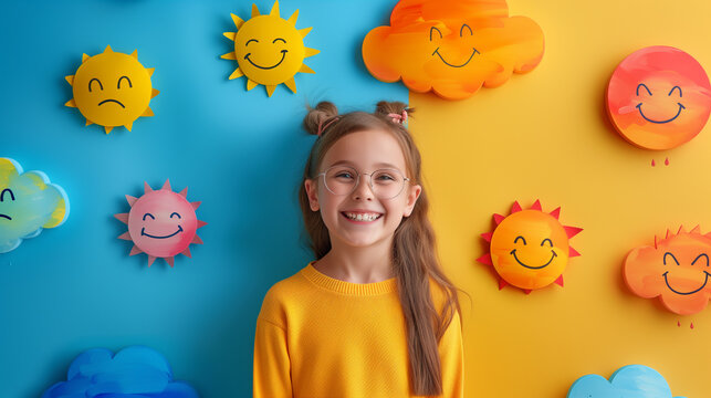 A happy child with smiley faces on the wall in a yellow summer room