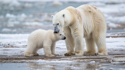  a large white polar bear standing next to a small white polar bear on top of a snow covered ground in front of a body of water with ice and snow on the ground.