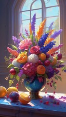 Fototapeta premium Still life with flowers and fruits in a vase.