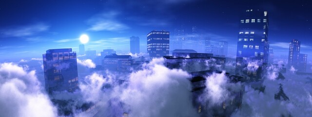 Skyscrapers among the clouds in the light of the Moon, 3D rendering