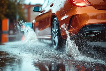 A luxurious red car speeds through a rain-soaked road, its wheels splashing through puddles as the automotive lighting reflects off the wet surface - obrazy, fototapety, plakaty