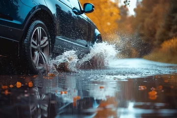 Foto op Plexiglas A sleek car glides through the rain, its wheels creating a mesmerizing splash as it conquers the wet road ahead © Pinklife