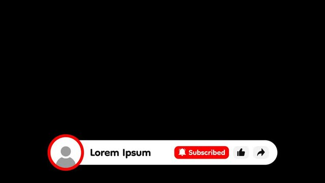 Social media lower third. Youtube banner template. Click or press subscribe, like, share button with alpha channel. Subscribed, liked, shared buttons for youtube channel with transparent background.