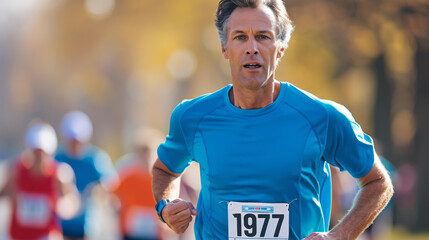 A focused senior man with a race bib numbered 1977 is actively running in a marathon event, showcasing fitness and endurance.