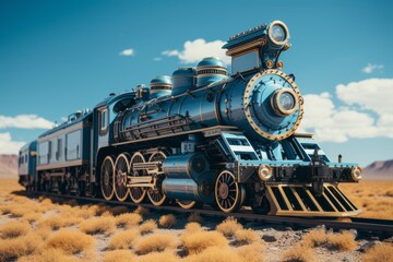 Fototapeta premium Vintage steam locomotive designed in the distinctive style of the popular borderlands video game