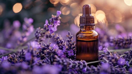  a bottle of lavender essential oil sitting on top of a bed of lavender flowers in front of a boke of boke of boke lights in the background. - obrazy, fototapety, plakaty