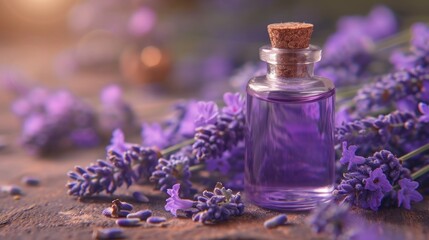 Obraz na płótnie Canvas a bottle of lavender oil sitting on a table next to a bunch of lavender flowers with a cork topper on the top of the bottle is surrounded by lavenders.