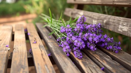  a bunch of purple flowers sitting on top of a wooden bench next to a wooden slatted bench with purple flowers on top of a wooden slatted bench. - obrazy, fototapety, plakaty
