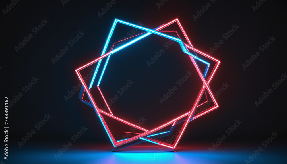 Poster 3d render, abstract neon background with red blue hexagonal frame glowing in the dark. minimalist ge