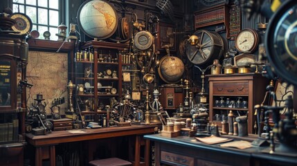 An intricately detailed vintage study room, filled with navigational instruments, antique map, and explorer's tools, evoking the spirit of discovery. Resplendent.