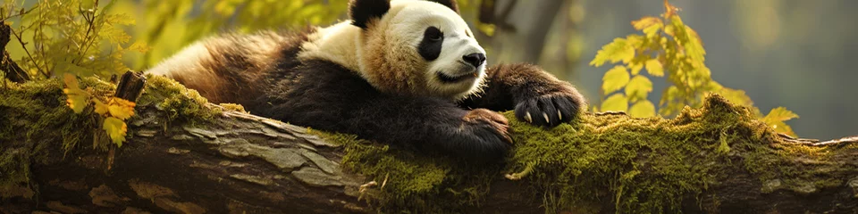 Schilderijen op glas Panda bear sleeping on a tree branch background © Ovidiu