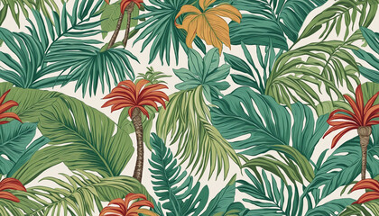 Hand drawn palm tree doodle seamless pattern illustration. Colorful hawaiian print, summer vacation background in vintage art style. Tropical plant painting wallpaper texture. - obrazy, fototapety, plakaty