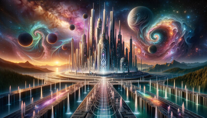 Surreal Galactic Empire with Majestic Spires and Tranquil Harmony - obrazy, fototapety, plakaty