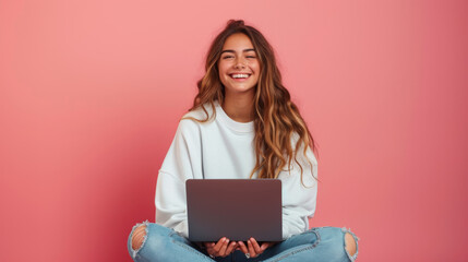 Fototapeta premium cheerful young woman sitting with her legs crossed, holding a laptop on her lap, wearing a white sweatshirt and ripped blue jeans, against a coral pink background