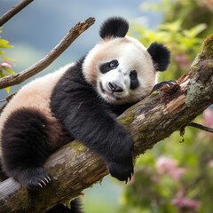 Panda bear sleeping on a tree branch background