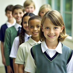 different little children at school stand in a row behind each other and smile
