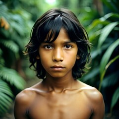 portrait of a boy with dark skin, dark hair and brown eyes against a forest background