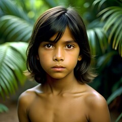 portrait of a boy with dark skin, dark hair and brown eyes against a forest background
