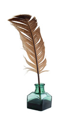 Quill pen with a glass bottle of ink. Calligraphy, old education, vintage handwriting
