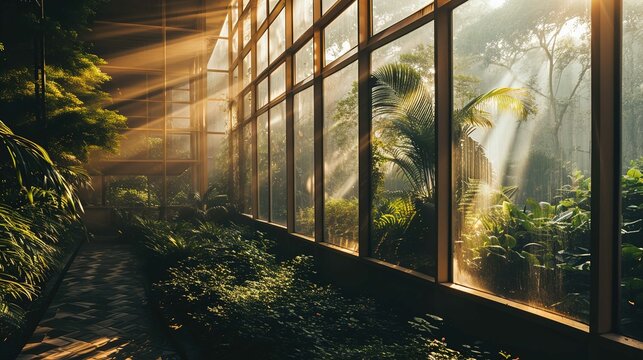 The image shows a serene indoor garden or greenhouse with tall floor-to-ceiling glass windows bathing the interior in warm sunlight. Sunbeams penetrate the mist or humidity inside the space, creating 