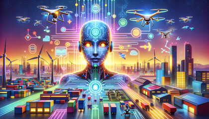 Whimsical AI: Futuristic supply chain with vibrant cityscape and intelligent humanoid robot.