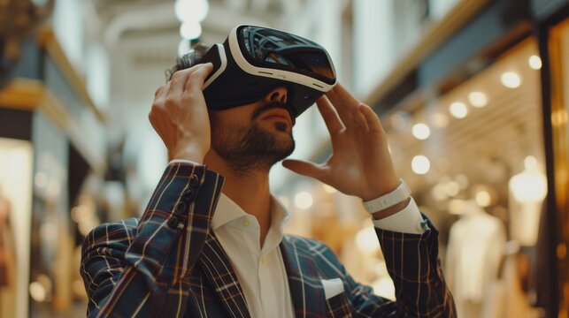 A man in VR headset on shopping centre background. Immersive experience of virtual reality.