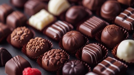  a close up of a bunch of chocolates with different colors and sizes of chocolates on top of a black surface with raspberries and raspberries on the side.