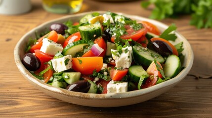  a salad in a bowl with olives, cucumbers, tomatoes, and feta cheese on a wooden table next to a glass bottle of olive oil.