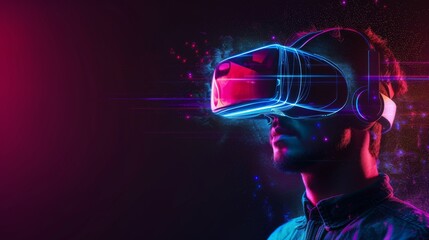 A man in VR headset on neon futuristic background. Immersive experience of virtual reality.