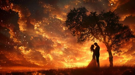 A couple poses against a backdrop of fiery sunset